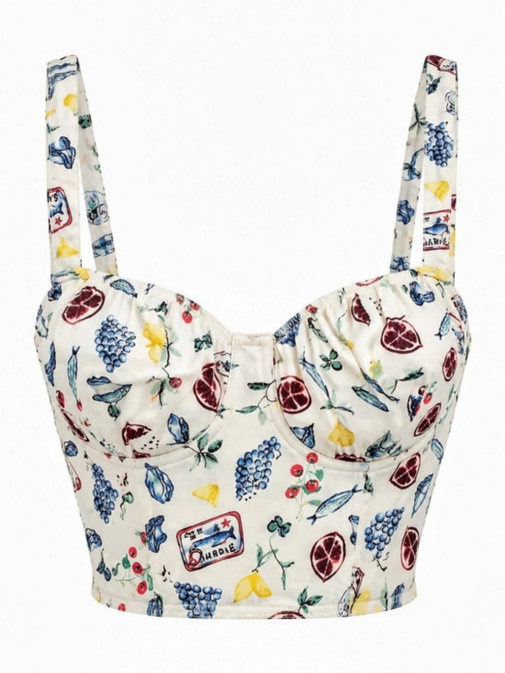 Colsie Fruit and Sardine Print Corset Bustier Crop Top White Small